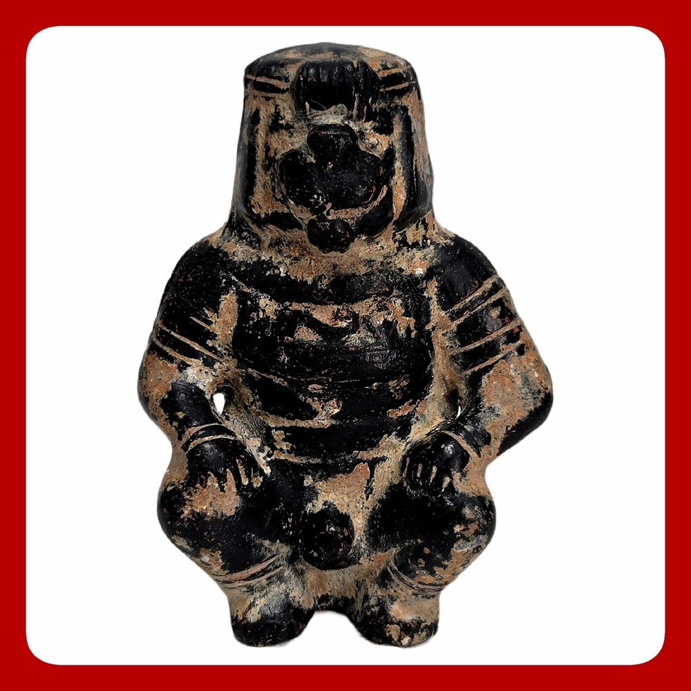 Vintage Aztec Style Clay Whistle Figurine Black Pottery Seated Anthropomorphic